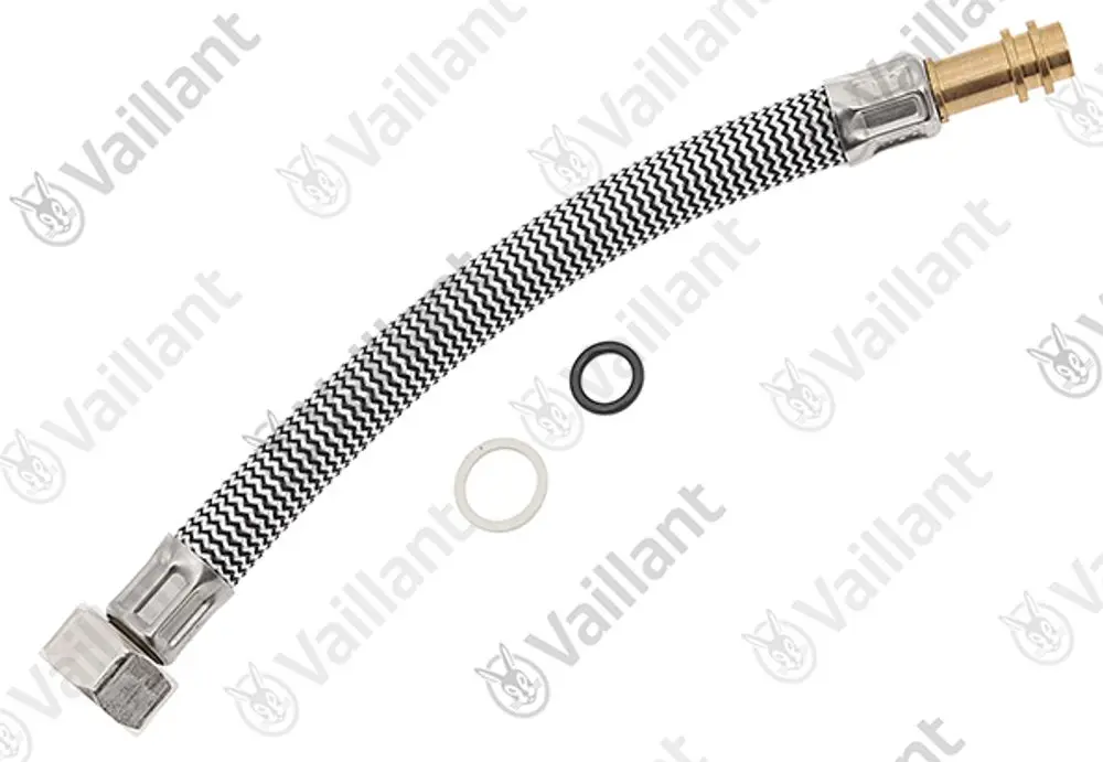 Flexible Verbindungsschlauch mit metallischen Enden und Dichtungsringen. Das Produkt gehört zur Marke Vaillant und dient zur Verbindung von Ausdehnungsgefäßen.